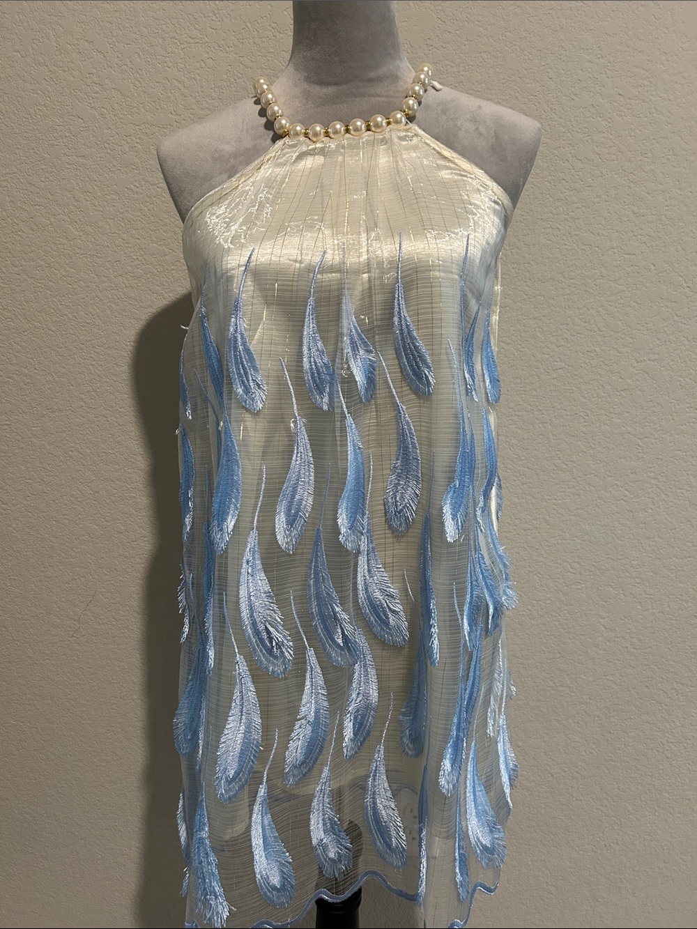 Pearl Neck Halter Dress with Blue Feather Fringe & Blue Shiny Cardigan